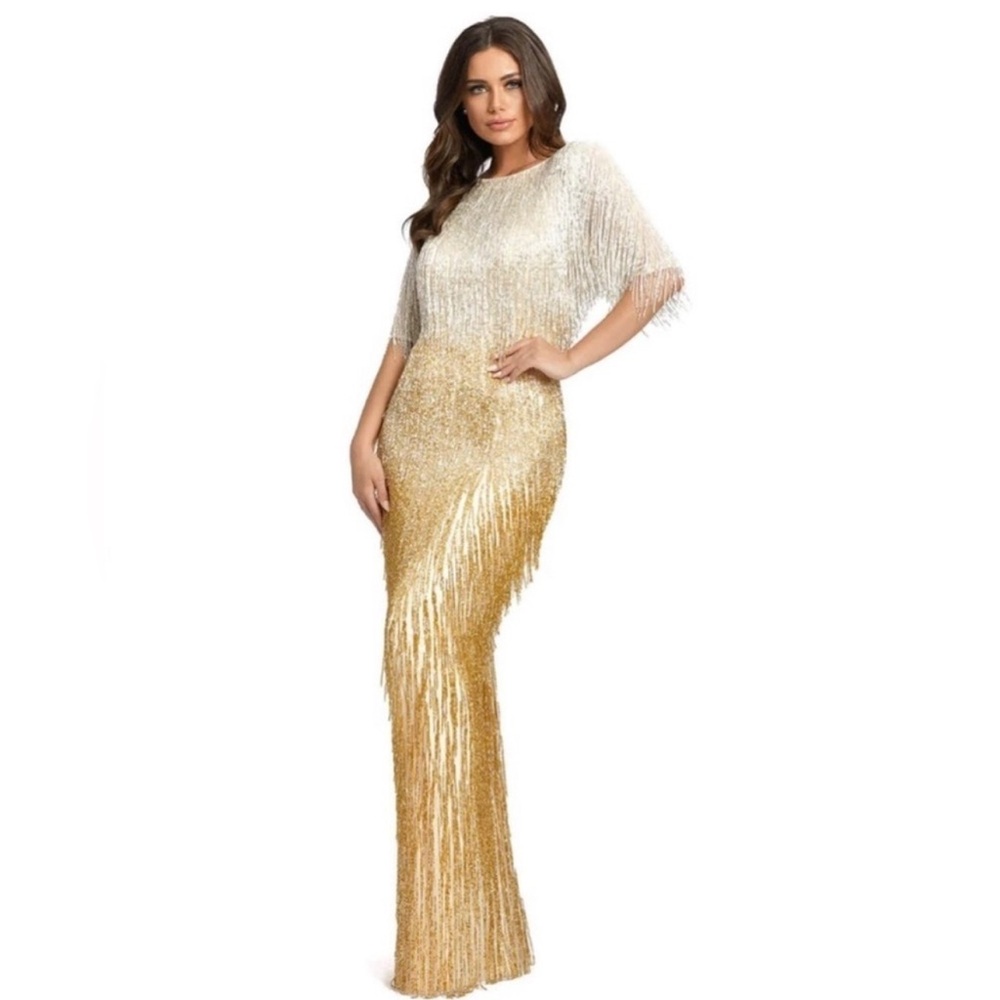 MAC DUGGAL Beaded Fringe Gown Ombré Silver
Gold Formal Dress 4743 Size 4